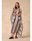 Woman Wearing Estilo Emporio Polla Maxi Kaftan Dark Chocolate Stripe - Dress LUXAMORE