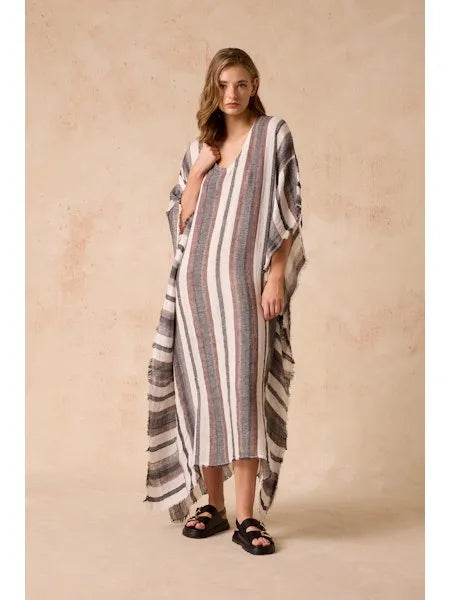 Woman Wearing Estilo Emporio Polla Maxi Kaftan Dark Chocolate Stripe - Dress LUXAMORE
