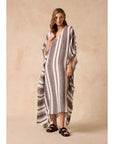Woman Wearing Estilo Emporio Polla Maxi Kaftan Dark Chocolate Stripe - Dress LUXAMORE