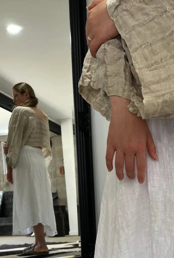 Alemais Sustainable Florence-Shirt close up worn by model LUXAMORE