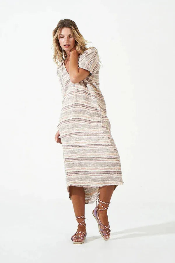 Estilo Emporio Zaza Linen Dress - Marrakesh worn by model in natural setting LUXAMORE 