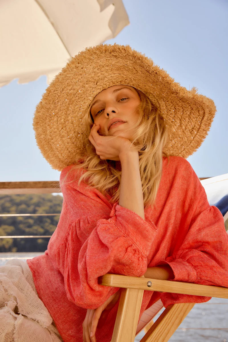 Woman Wearing Estilo Emporio Zimi Shirt - Battista Poppy Red - Top LUXAMORE