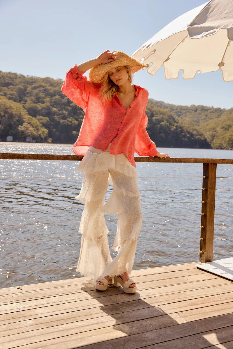Woman Wearing Estilo Emporio Zimi Shirt - Battista Poppy Red - Top LUXAMORE