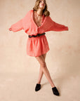 Woman Wearing Estilo Emporio Zimi Shirt - Battista Poppy Red - Top LUXAMORE