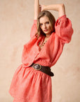 Woman Wearing Estilo Emporio Zimi Shirt - Battista Poppy Red - Top LUXAMORE