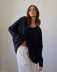 Estilo Emporio Zoe Cashmere - Navy sustainable knit worn by model in studio LUXAMORE  