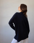 Estilo Emporio Zoe Cashmere - Navy sustainable knit worn by model in studio LUXAMORE  