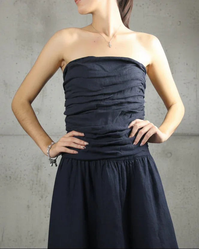 Italian Linen Dress Strapless Navy LUXAMORE  