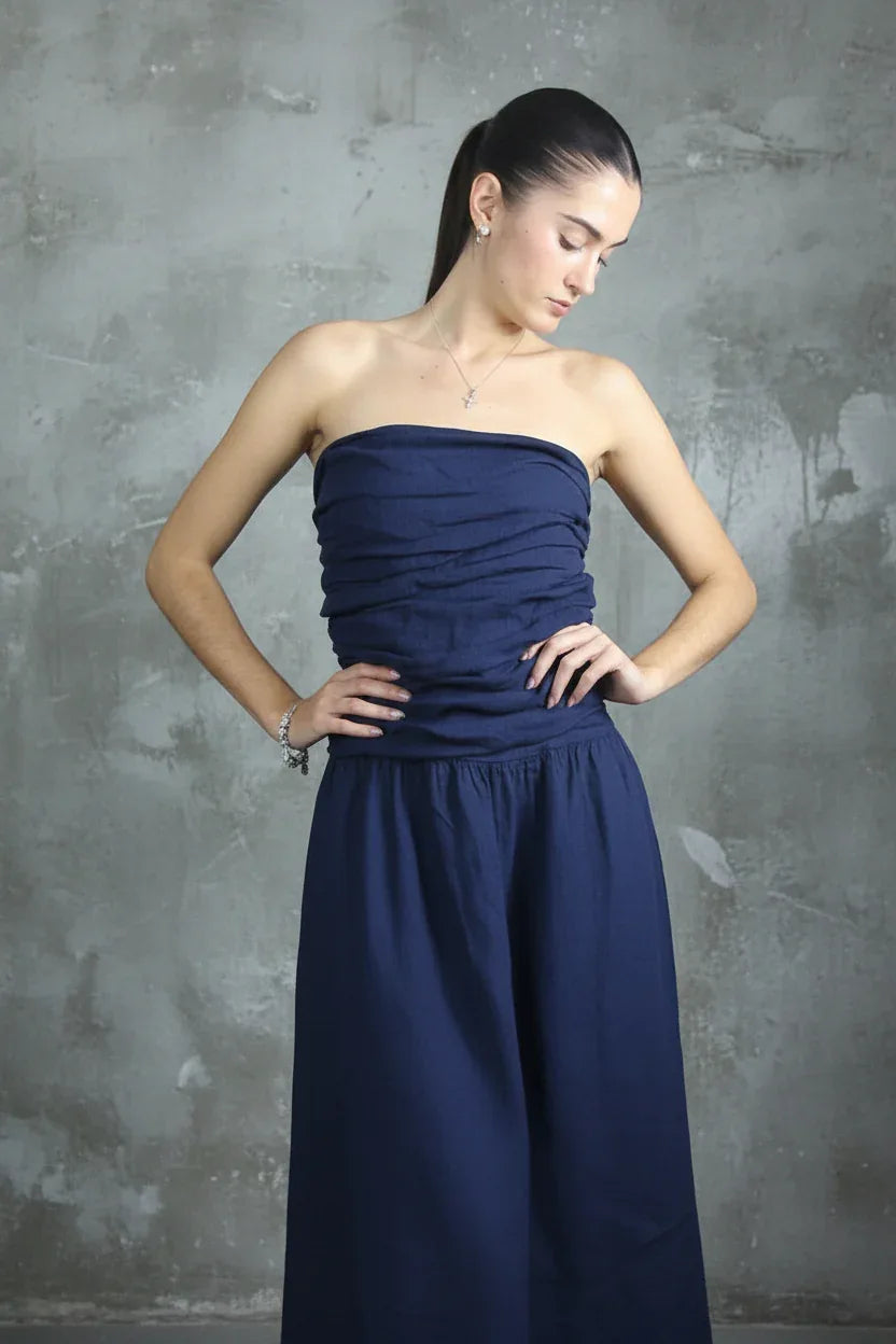 Italian Linen Dress Strapless Navy LUXAMORE  