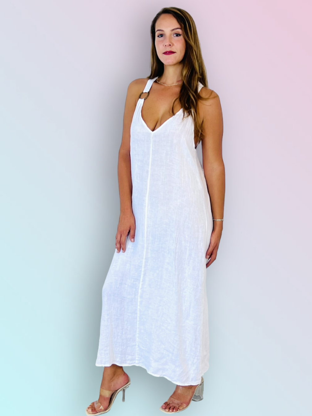 Woman Wearing Italian Linen Maxi Dress with Embellished Straps | White - Dress LUXAMORE
