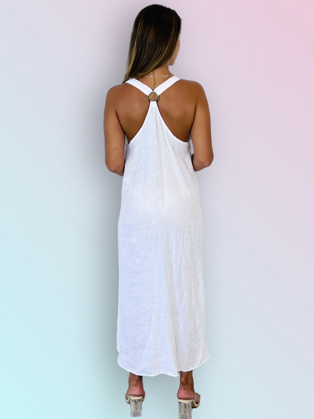 Woman Wearing Italian Linen Maxi Dress with Embellished Straps | White - Dress LUXAMORE