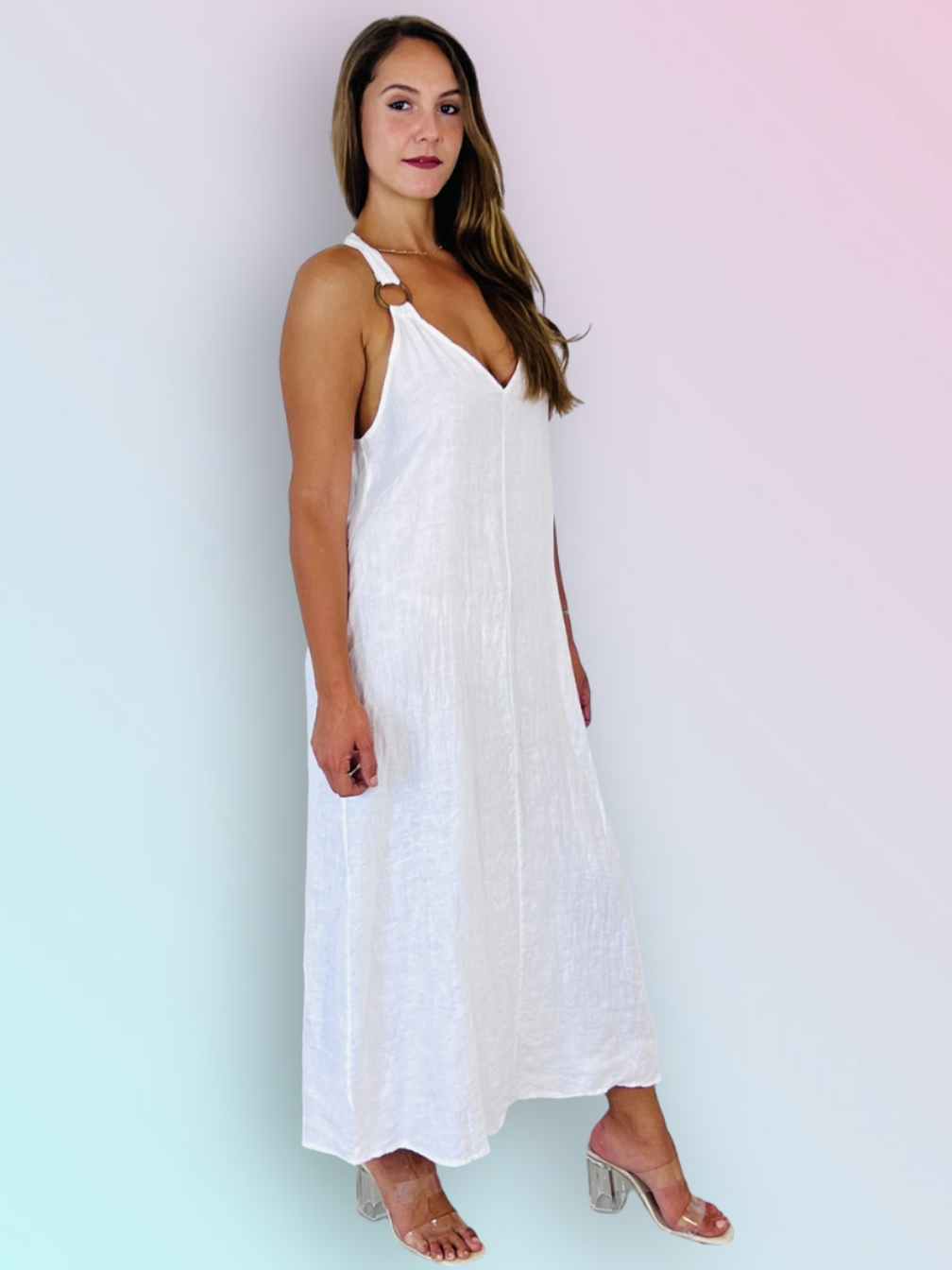 Woman Wearing Italian Linen Maxi Dress with Embellished Straps | White - Dress LUXAMORE