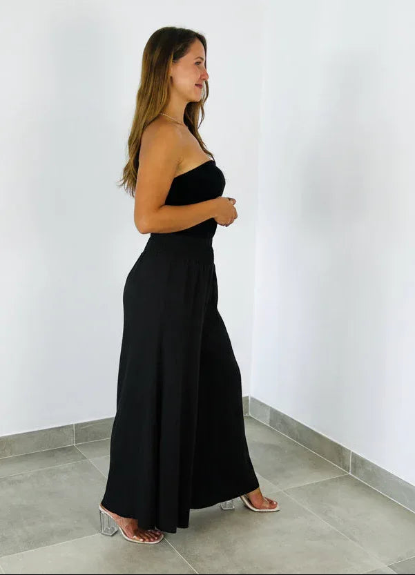 Italian Linen Wide Leg Pants Black - Made in Italy Sustainable LUXAMORE