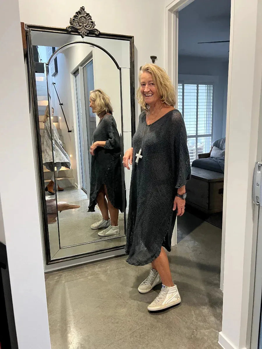 La Bottega di Brunella Linen Dress Vestito Fausta Campagna - Lava worn by model in natural setting LUXAMORE 