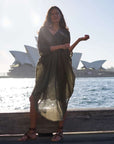 Woman Wearing La Bottega di Brunella Linen Dress Vestito Fausta Garzata - Fossil - Dress LUXAMORE