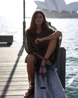 Woman Wearing La Bottega di Brunella Linen Dress Vestito Fausta Garzata - Fossil - Dress LUXAMORE