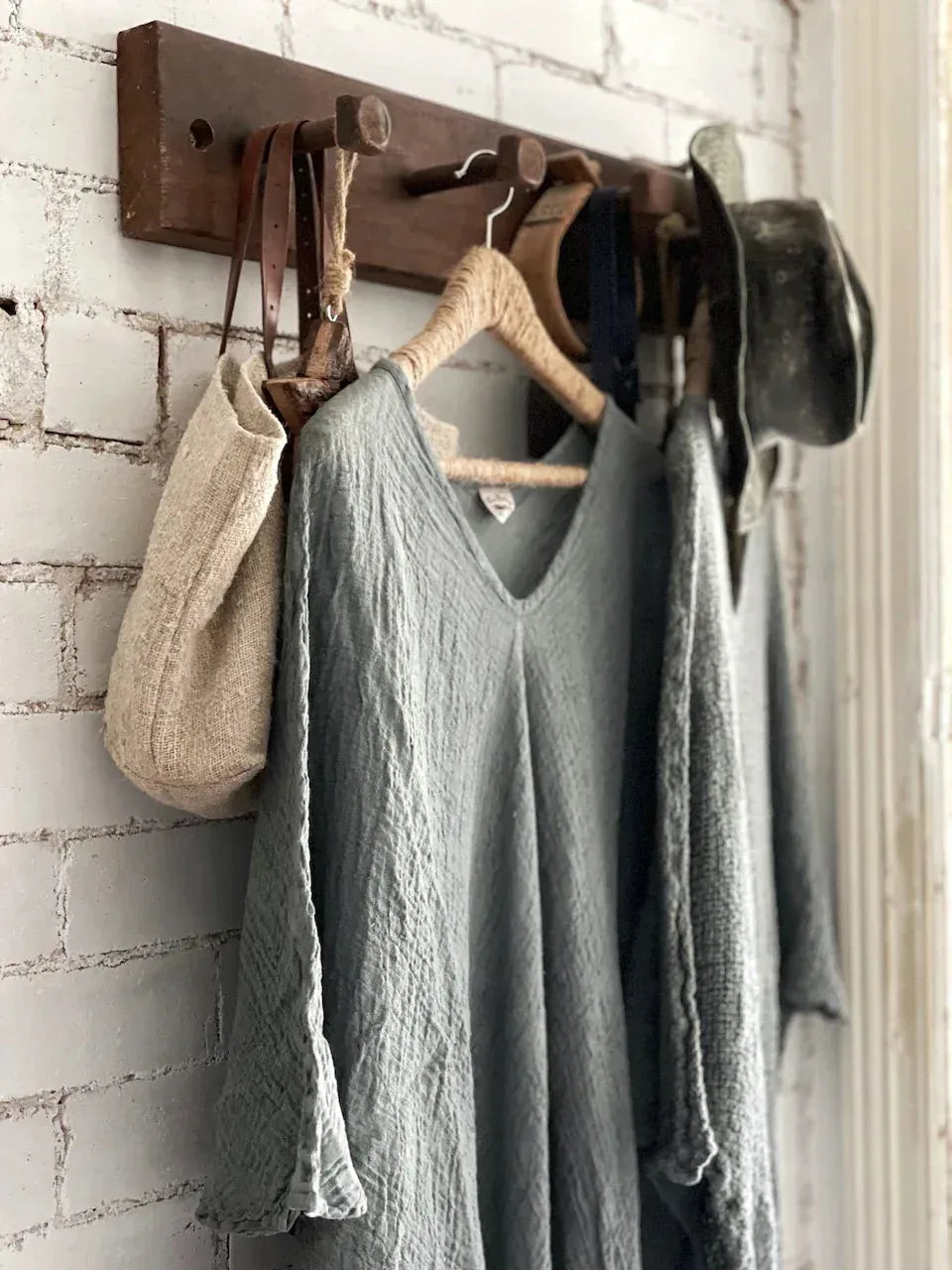 La Bottega di Brunella Linen Dress Vestito Fausta Garzata - Fossil worn by model in natural setting LUXAMORE 