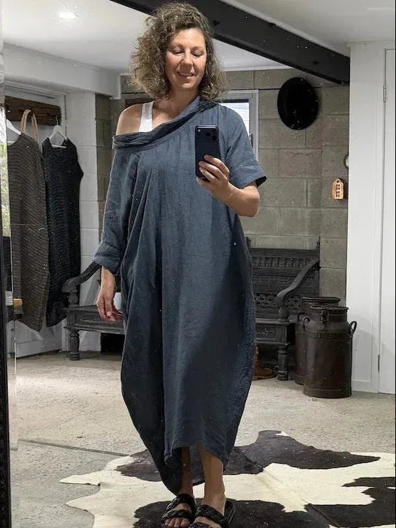 La Bottega di Brunella VESTITO SULTANO - Blue worn by model in natural setting LUXAMORE 