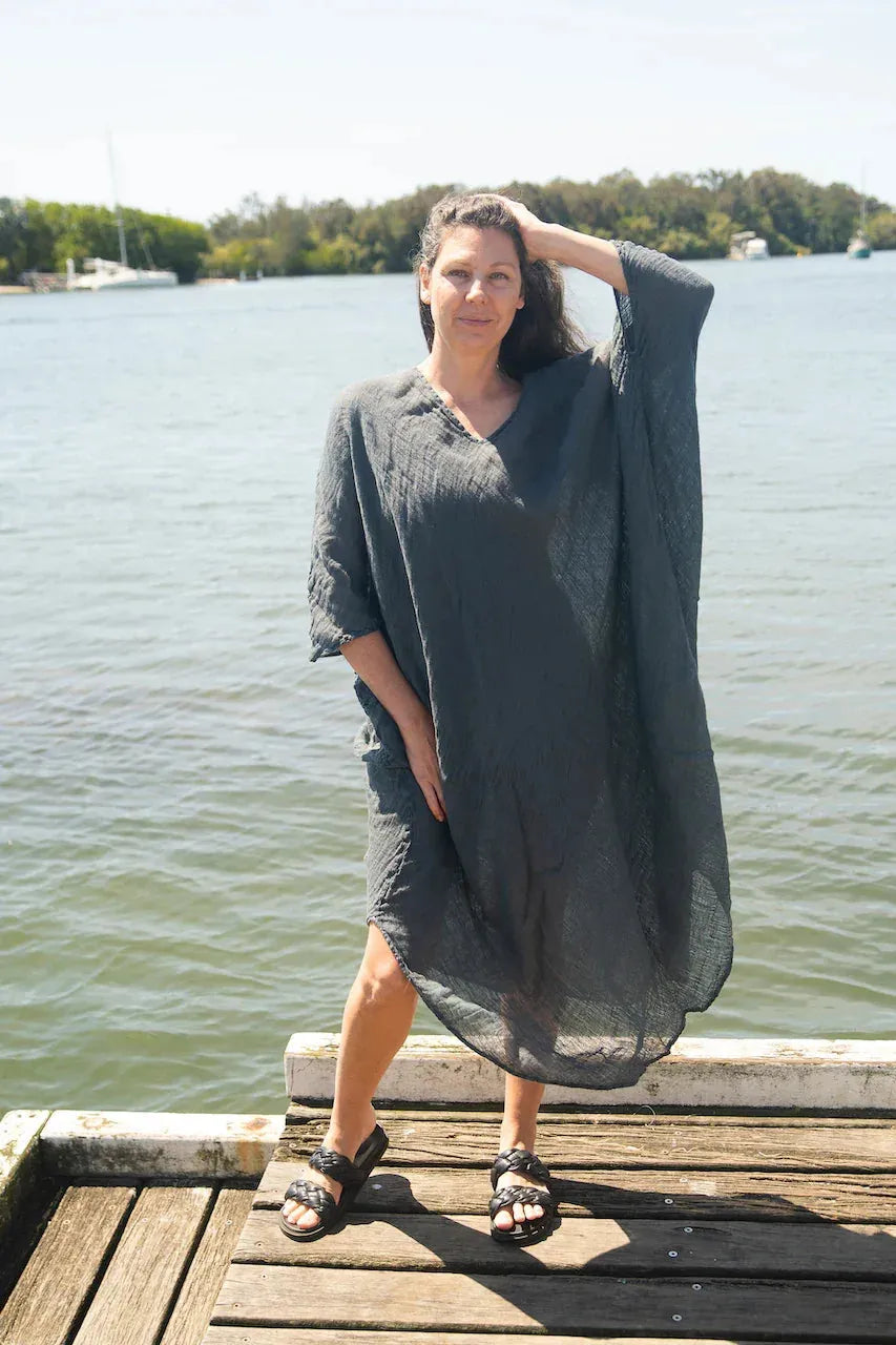 La Bottega di Brunella Linen Dress Fausta Garzata - Lava - LUXAMORE