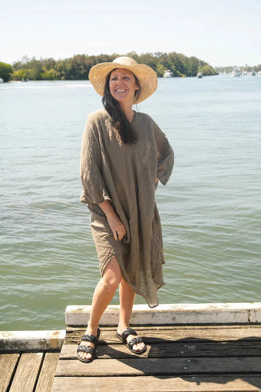 Woman Wearing La Bottega di Brunella Linen Dress Vestito Fausta Garzata - Fossil - Dress LUXAMORE