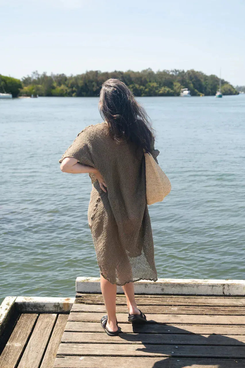 Woman Wearing La Bottega di Brunella Linen Dress Vestito Fausta Campagna - Fossil - Dress LUXAMORE