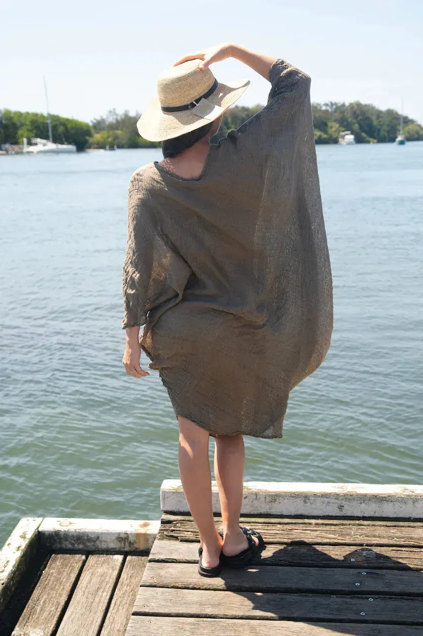 Woman Wearing La Bottega di Brunella Linen Dress Vestito Fausta Garzata - Fossil - Dress LUXAMORE