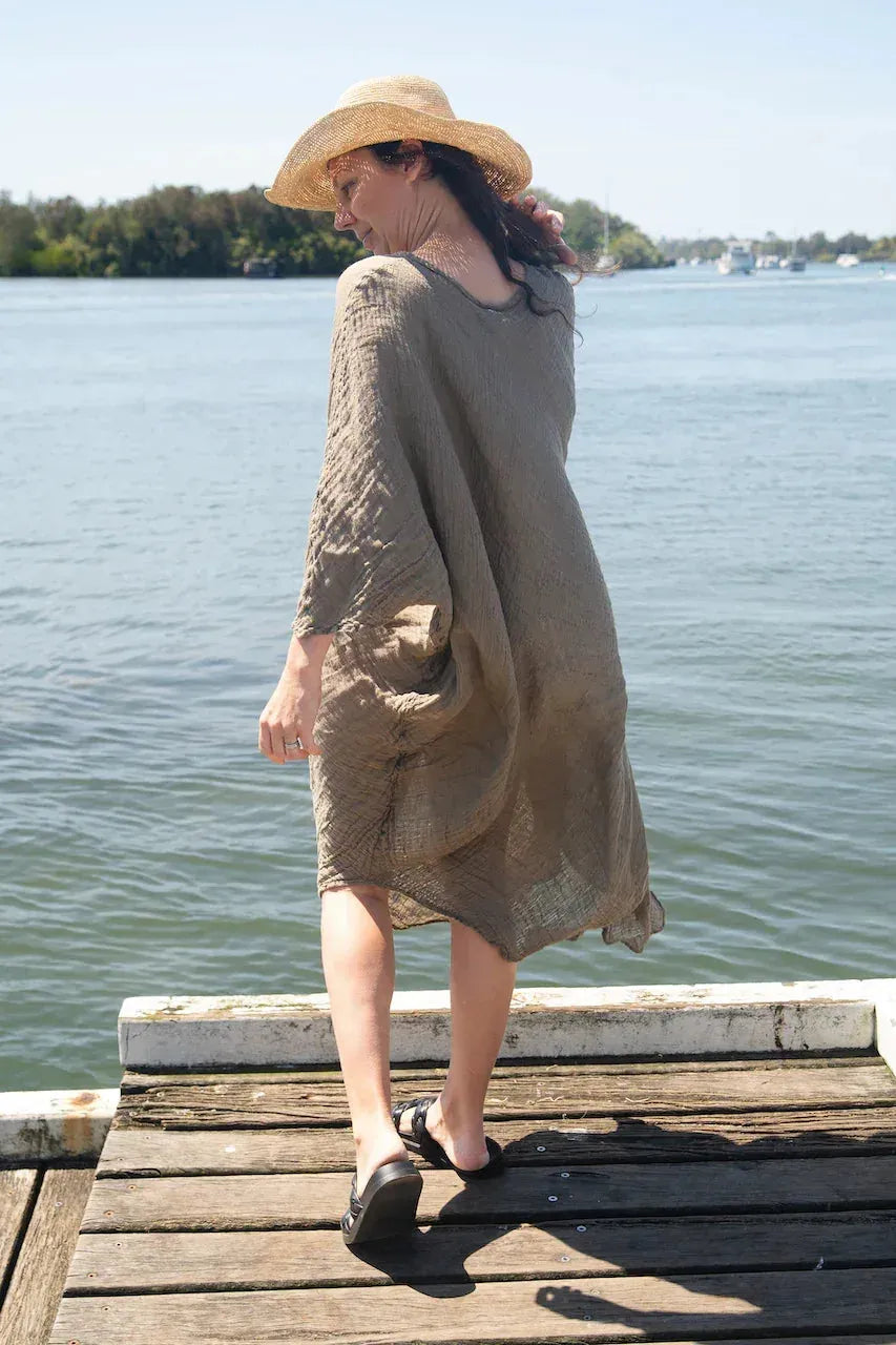 Woman Wearing La Bottega di Brunella Linen Dress Vestito Fausta Garzata - Fossil - Dress LUXAMORE