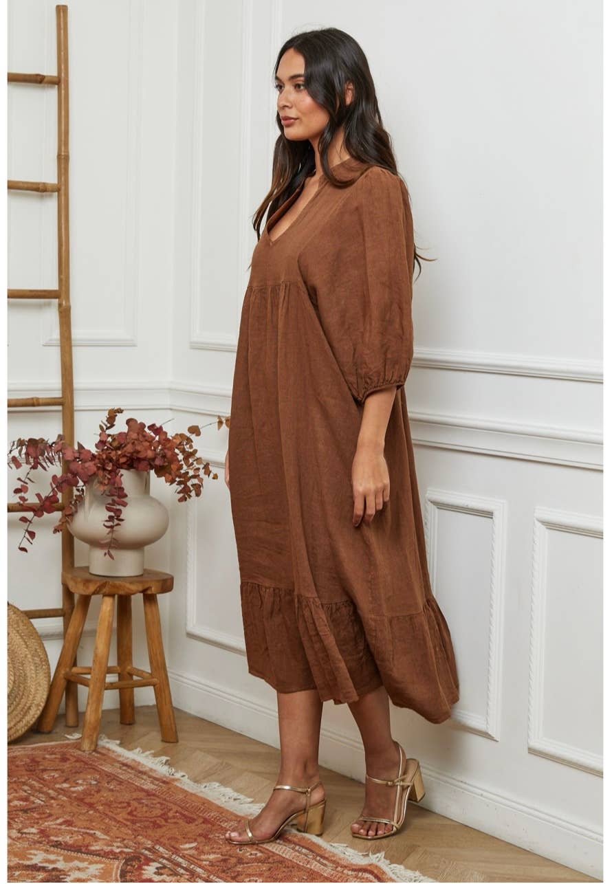 Linen Dress Balloon Sleeve - Made in Italy - Tobacco worn by model in natural setting LUXAMORE 