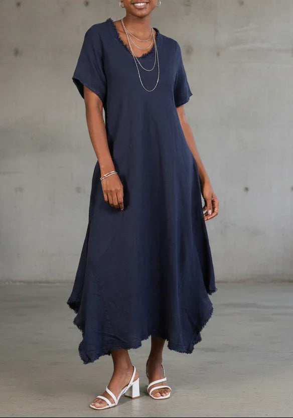 Linen Dress Bias Cut Maxi Made in Italy - Navy worn by model in natural setting LUXAMORE 