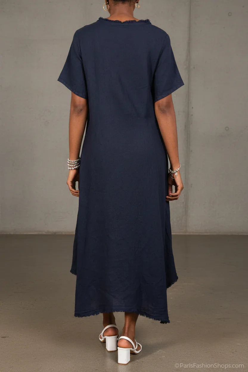 Linen Dress Bias Cut Maxi Made in Italy - Navy worn by model in natural setting LUXAMORE 