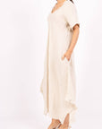 Woman Wearing Linen Dress Bias Cut Maxi Made in Italy - Navy - Dress LUXAMORE