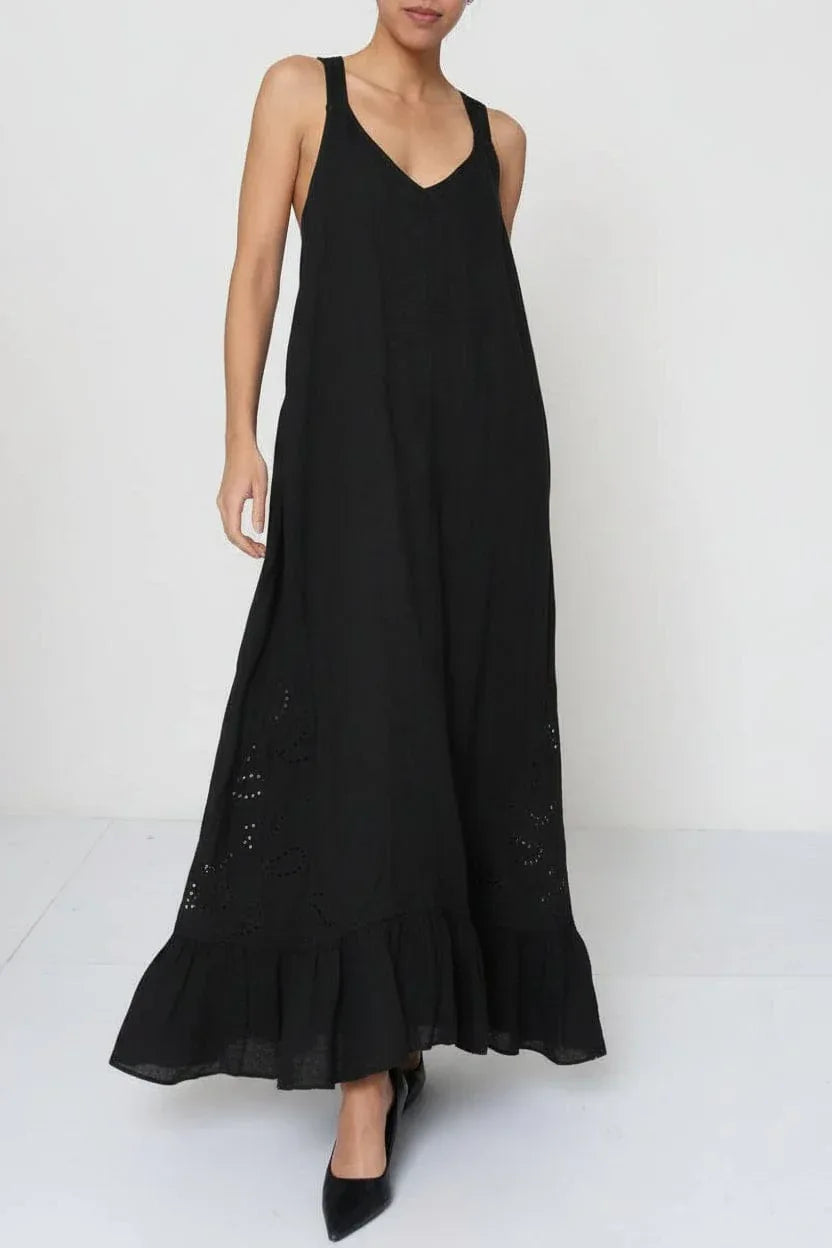 Linen Dress Black Maxi Lace Back Made in Italy worn by model in natural setting LUXAMORE 