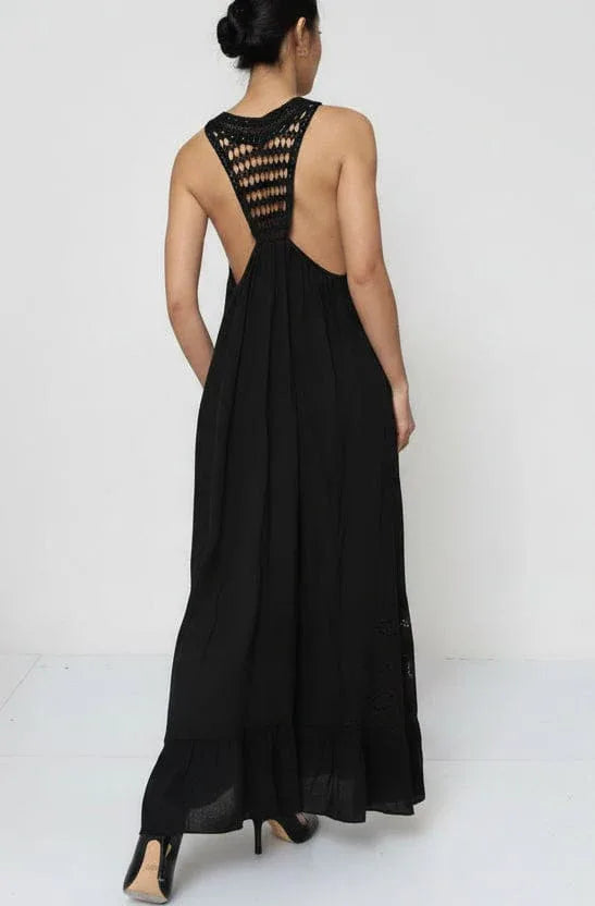 Linen Dress Black Maxi Lace Back Made in Italy worn by model in natural setting LUXAMORE 