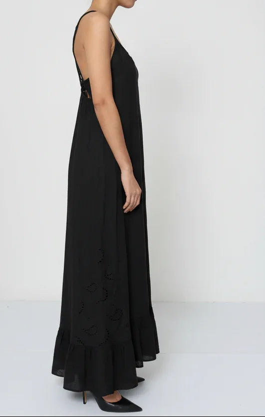 Linen Dress Black Maxi Lace Back Made in Italy worn by model in natural setting LUXAMORE 