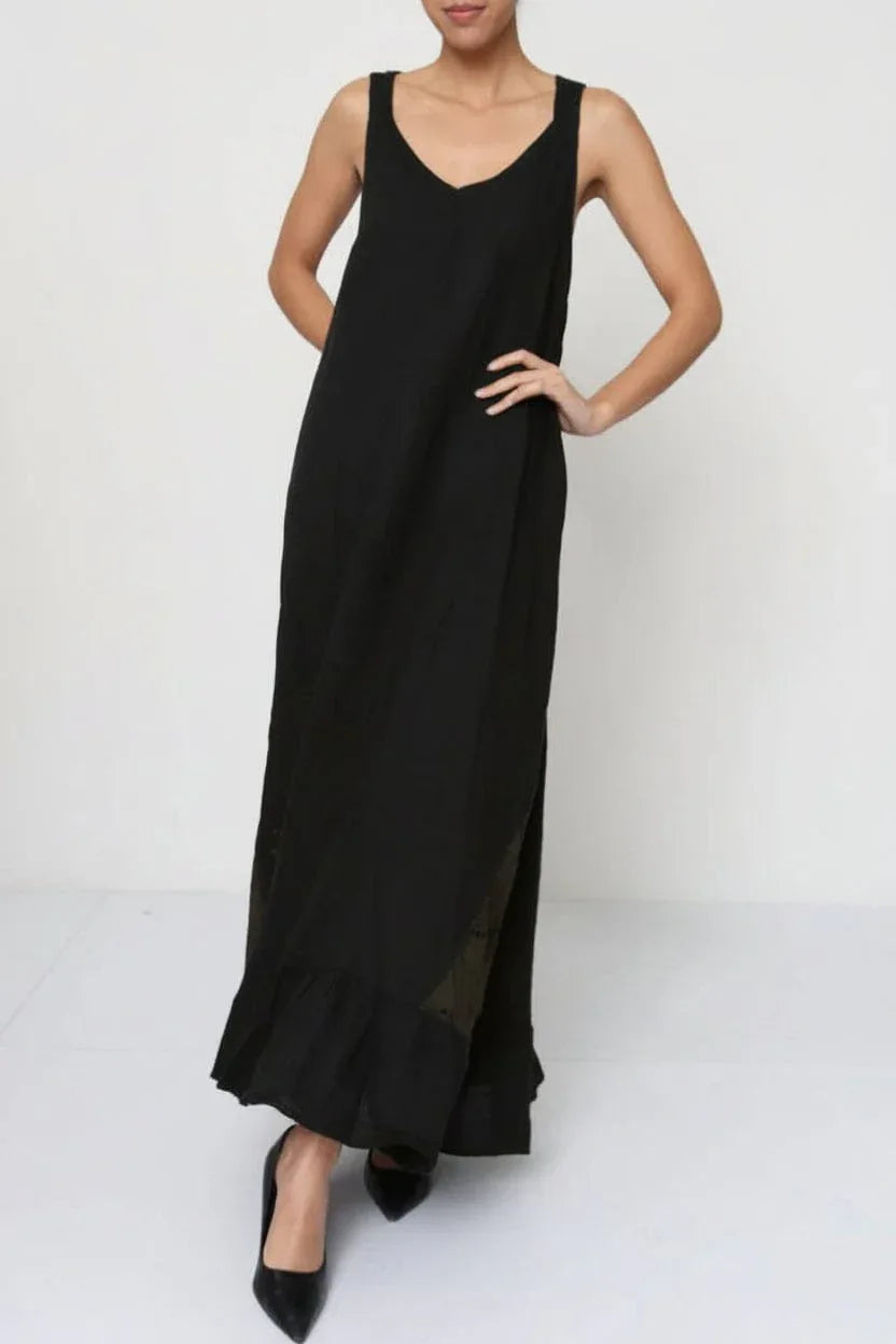 Linen Dress Black Maxi Lace Back Made in Italy worn by model in natural setting LUXAMORE 