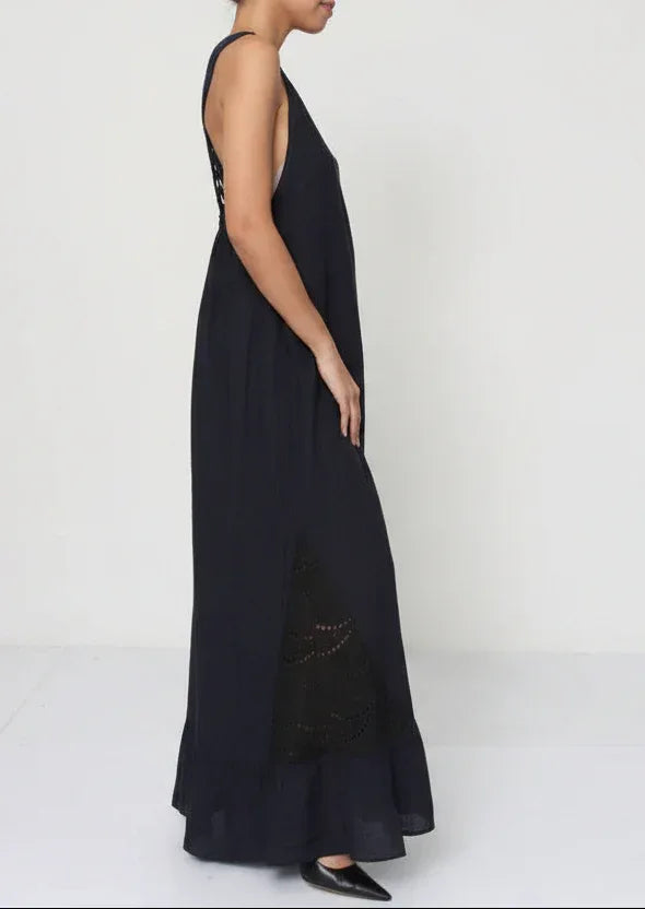 Linen Dress Black Maxi Lace Back Made in Italy worn by model in natural setting LUXAMORE 