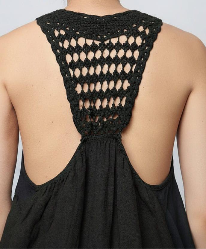 Linen Dress Black Maxi Lace Back Made in Italy worn by model in natural setting LUXAMORE 