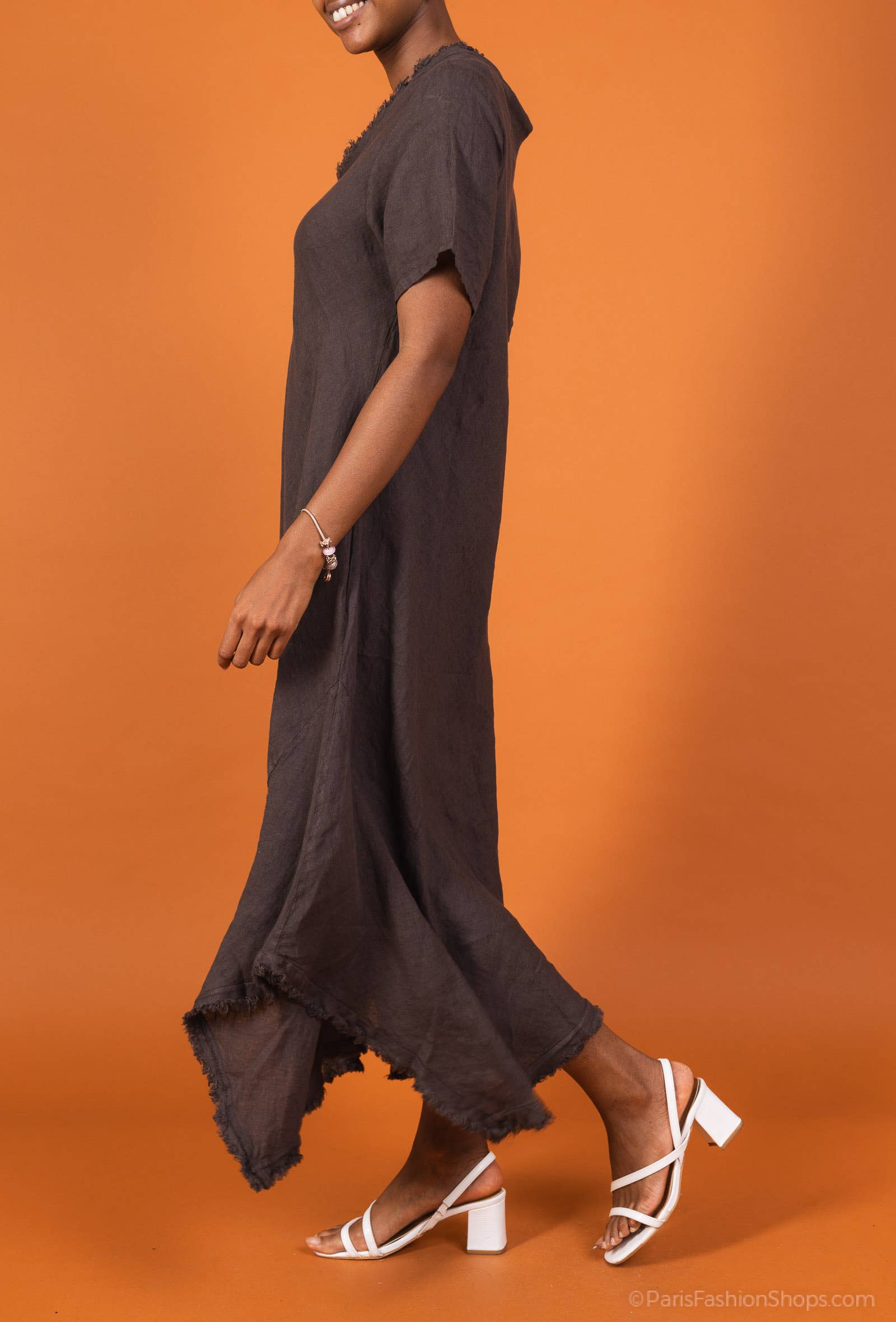 Woman Wearing Linen Dress Maxi Bias Cut Made in Italy - Khaki - One size - Dress LUXAMORE