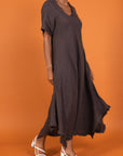 Woman Wearing Linen Dress Maxi Bias Cut Made in Italy - Khaki - One size - Dress LUXAMORE