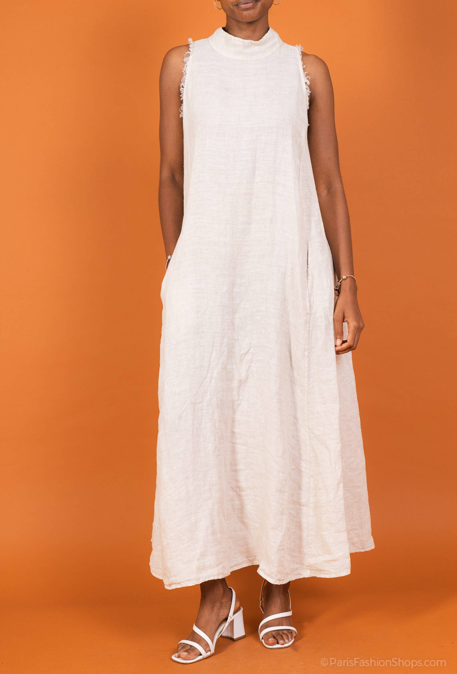 Woman Wearing Linen Dress Maxi High Collar Made in Italy - Beige - One size - Dress LUXAMORE