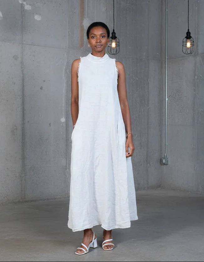 Linen Dress Maxi High Collar Made in Italy - Beige - One size worn by model in natural setting LUXAMORE 