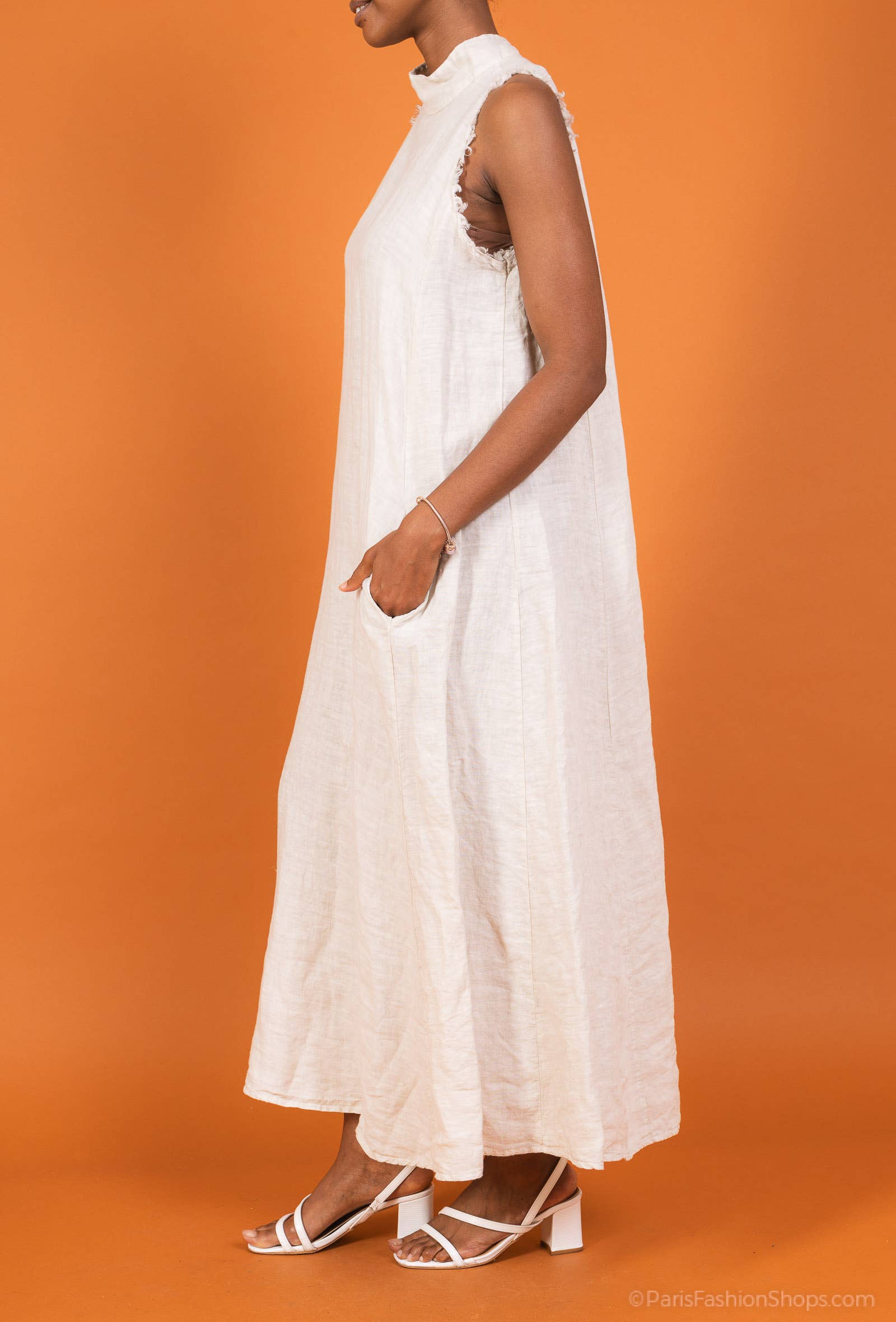 Woman Wearing Linen Dress Maxi High Collar Made in Italy - Beige - One size - Dress LUXAMORE