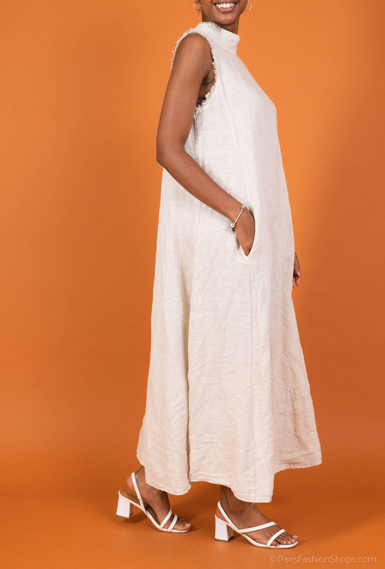 Woman Wearing Linen Dress Maxi High Collar Made in Italy - Beige - One size - Dress LUXAMORE