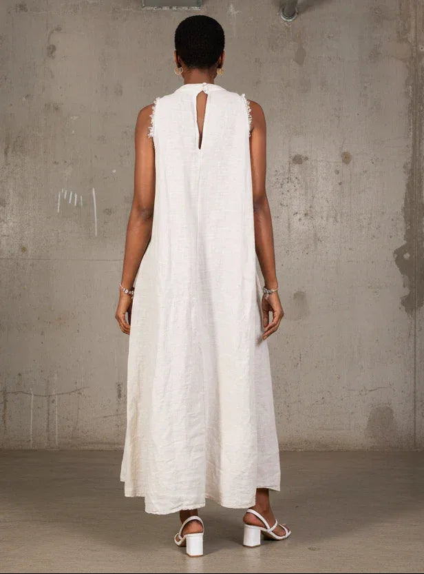 Linen Dress Maxi High Collar Made in Italy - Beige - One size worn by model in natural setting LUXAMORE 