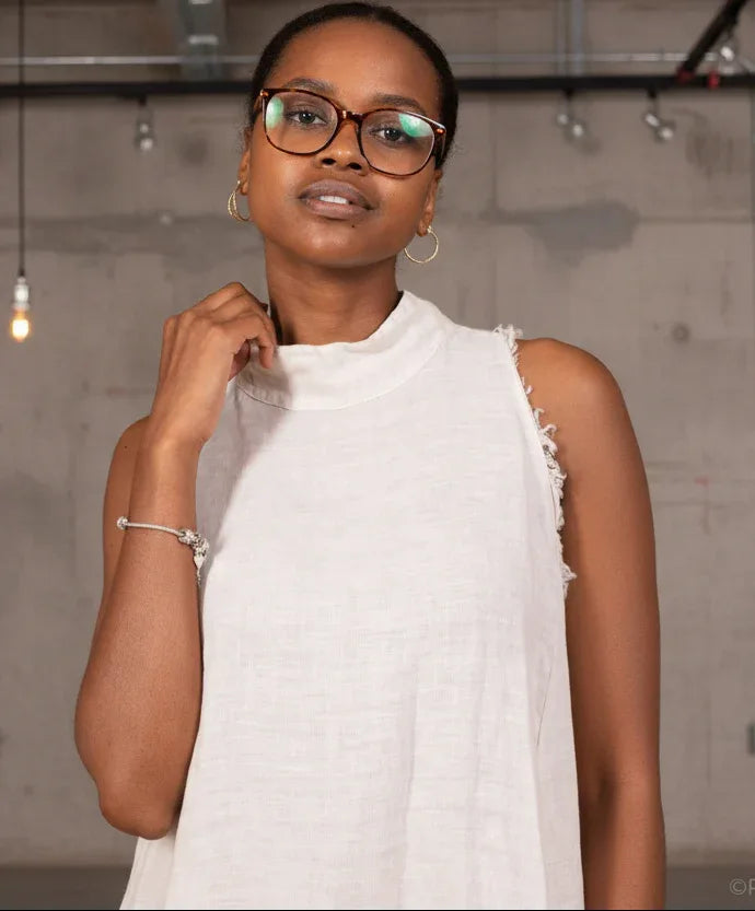 Linen Dress Maxi High Collar Made in Italy - Beige - One size worn by model in natural setting LUXAMORE 