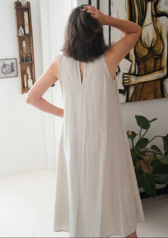Linen Dress Maxi High Collar Made in Italy - Beige - One size worn by model in natural setting LUXAMORE 