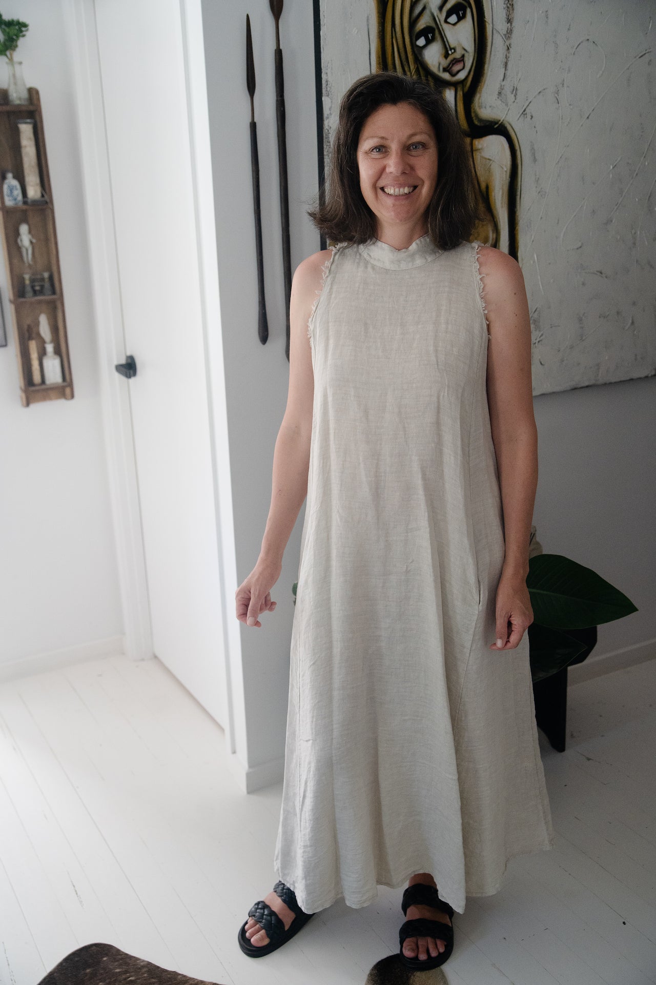 Woman Wearing Linen Dress Maxi High Collar Made in Italy - Beige - One size - Dress LUXAMORE