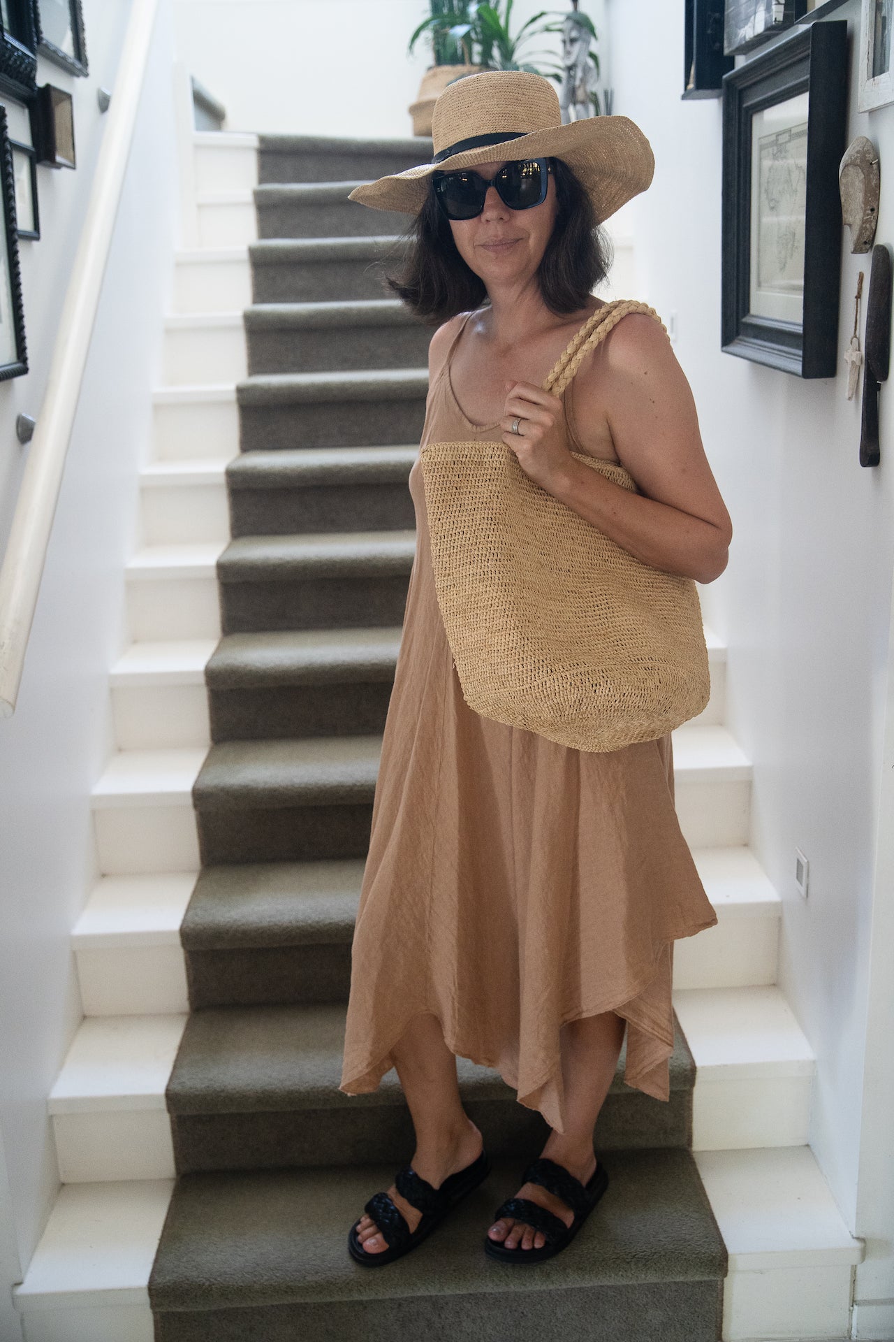 Woman Wearing Linen Dress Maxi Made in Italy - Camel - One size - Dress LUXAMORE