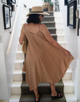Woman Wearing Linen Dress Maxi Made in Italy - Camel - One size - Dress LUXAMORE