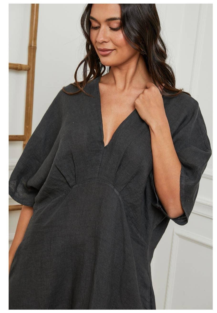 Linen Dress Maxi Made in Italy Charcoal Grey worn by model in natural setting LUXAMORE 